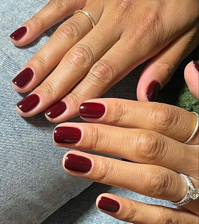 Press on Nails Short - Aegenacess Square Press On Nails, Jelly Wine Red Stick On Nails, Burgundy Glue On Nails with Jelly Stickers, Solid Color Fake Nails in 12 Size - 24PCS False Nail Kit
