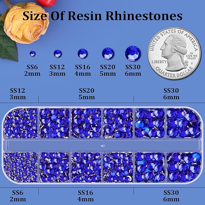 Resin Rhinestones for Crafting, 1 Box Royal Blue Flatback Crystals for Bedazzling Crafts DIY Nail Art Deco, Non Hotfix Bulk Gems for Tumbler Shoes Clothing Fabric Face Makeup