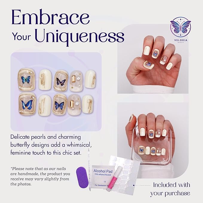 3D Handmade Press On Nails, Short Square Oval Shaped w/Rhinestones, Blue Butterfly & Pearls, Acrylic, Gel, Reusable Kit, For Women Daily Wear or Special Occasion (Butterfly Dreams)