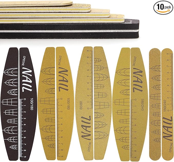 10pcs 80/80,100/180,150/240,180/240 Grit Both Sides Nail Files with Nail Shape Guide (Square, Almond, Oval) and Ruler, Nail Files for Natural Nails Emery Board Nail Buffering Files