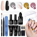 Beetles Poly Nail Extension Gel Kit with UV Lamp, 2 Neutral Colors Black Pink Nude UV Building Gel Manicure Set with 4 Jars Glitter Chrome Nail Powder Top Base Coat Easy DIY Nail Art Design Home