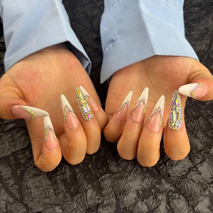 French Tip Press On Nails Long Stiletto,10 Pcs Handmade Acrylic Fake Nails Press Ons Salon Design Stick On Nails,Luxury UV Gel Glue On False Nails with 3D Rhinestone (Middle Size)