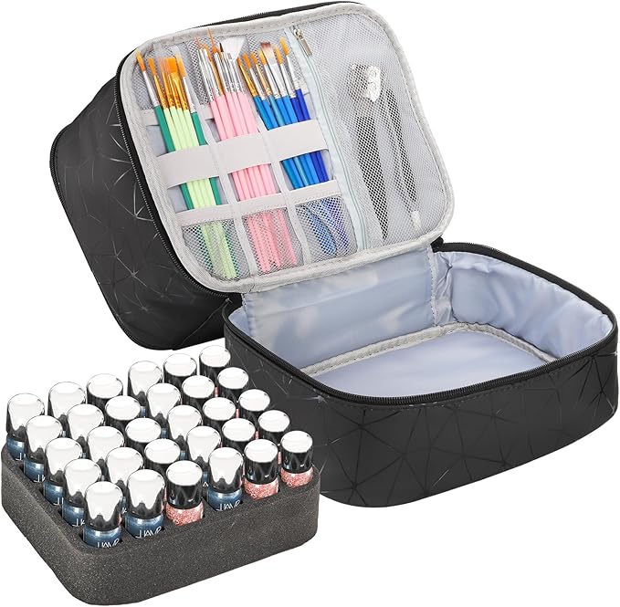 ZOOFOX Nail Polish Organizer Case, Double-Layer Nail Polish Carrying Bag with Handle, PU Leather Nail Organizers and Storage Bag for Manicure Accessories