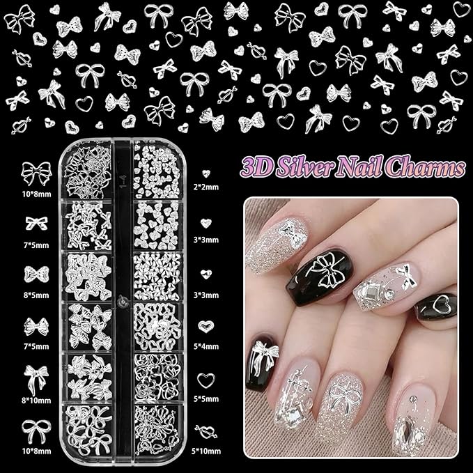 Silver Alloy Cross Star Nail Charms, Silver Metal Nail Beads, White Flatback Pearls, 3D Star Moon Heart Bow Butterfly Nails Studs, Mixed Sizes Caviar Beads and Pearls for Nail Art Accessories DIY