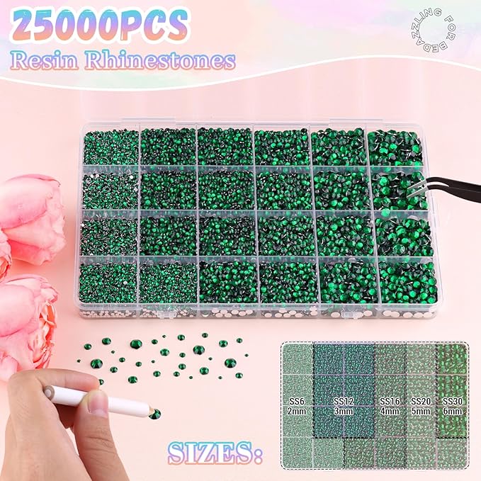 25000Pcs Emerald Green Rhinestones for Bedazzling with B7000 Jewelry Glue, Non Hotfix Flatback Gems, Crystal Resin Rhinestones for Crafting Crafts Clothing Tumblers Mugs Shoes Fabric Decor Nail Art