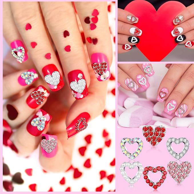 Sadnyy 100 Pcs Valentine Heart Nail Charms for Nail Art, 3D Heart Rhinestone Decals Silver Crystal Charms Diamond Alloy Gems for Women Valentine's Decorations(Elegant)