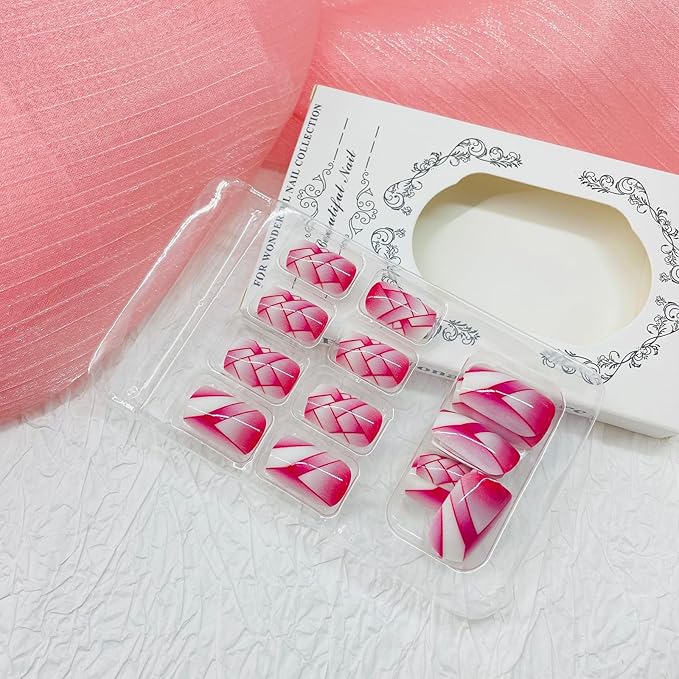 Square Press on Nails Medium Fake Nails with Designs Red Lines Stick on Nail Retro Red Gradient Acrylic False Nail Glossy Artificial Nail Full Cover Glue on Nails for Women