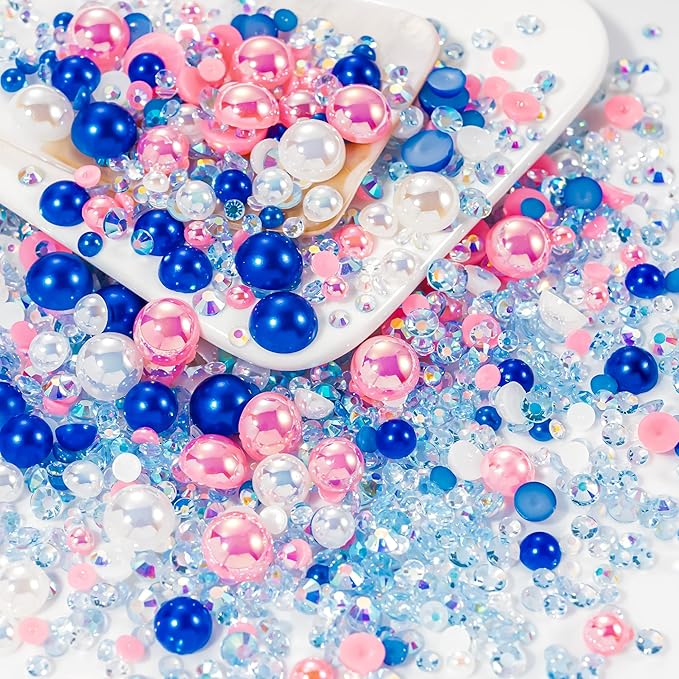 60g Pink Blue Flatback Rhinestones Half Pearls for Crafting, Mixed Size 3mm-10mm Resin Rhinestones for Bedazzling, Small Pearls for DIY Tumblers Mugs Nail Art Shoes Clothes with Glue