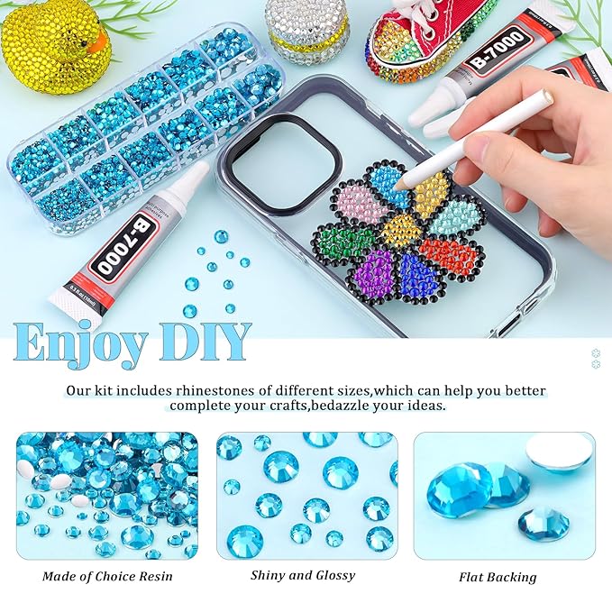 12000Pcs Resin Rhinestones for Bedazzling with 3Pcs B7000 Jewelry Glue, 2 Boxes Indicolite Flatback Rhinestones for Crafting Crafts DIY, Crystals Gems for Clothing Shoes Tumblers Nail Art Makeup