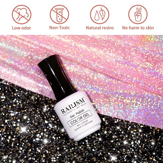 RARJSM Reflective Glitter Gel Nail Polish Nude Tea Rose Pink Sheer Jelly Gel Polish Flash Diamond Sparkle Rainbow Silver Shimmer Soak off Curing Requires 15ml for Home Salon