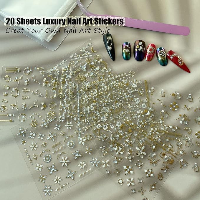 Zoance 20 Sheet 3D Nail Art Stickers,Gold/Diamond Design Luxury Embossed Self-Adhesive Nail Decals Customized Metallic Flower Nail Stickers for Women Girls Salon Home DIY Nail, Tweezers Included