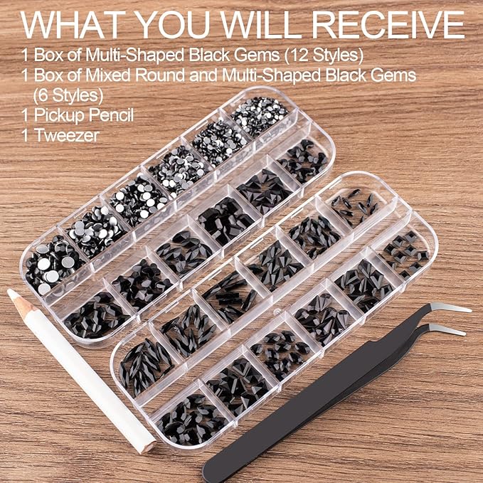 18 Styles Multi-Shaped Glass Gemstones for Nails and 6 Sizes Round Crystal Rhinestones Kit #4, Black Nail Art Charm Bead Manicure Decoration with Pickup Pencil and Tweezer