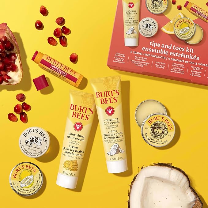 Burt's Bees Valentine's Day Gifts Ideas, Tips and Toes Kit, 6 Travel Size Products - Pomegranate Moisturizing Lip Balm, 2 Hand Creams, Foot Cream, Cuticle Cream, and Hand Salve