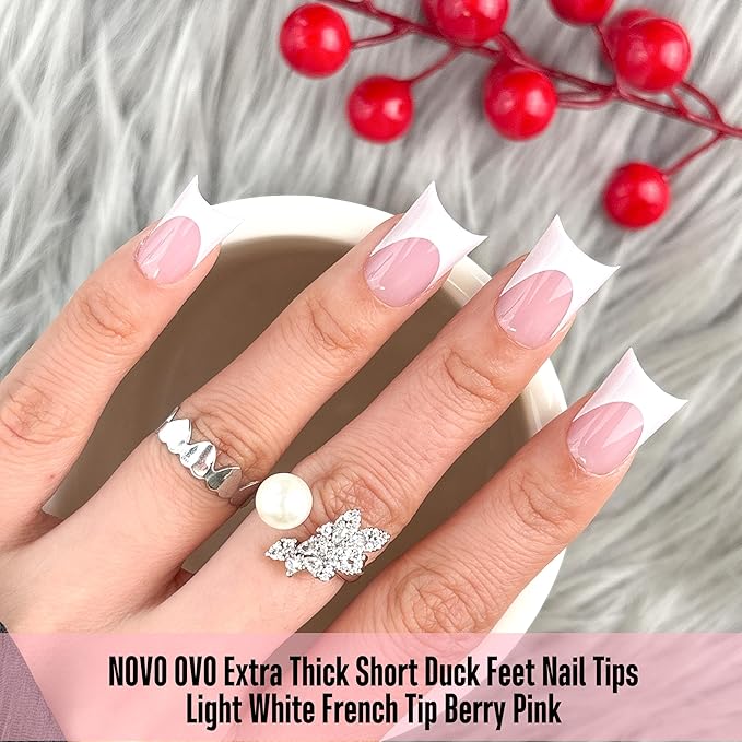 NOVO OVO Extra Thick Duck Nails Short with Moon Curve Light White French Tips BERRY PINK Full Cover for Press on Acrylic, Flare Wide French Soft Gel Fake False Nail Extension x 15 Sizes 240 pcs
