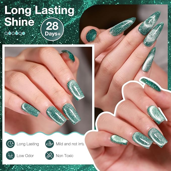 Green Cat Eye Gel Nail Polish with Magnetic Stick - 12ML Glitter Magnetic Nail Polish for Multiple 3D Effects, Soak Off UV LED Gel Polish for DIY Manicure Salon Gifts for Women