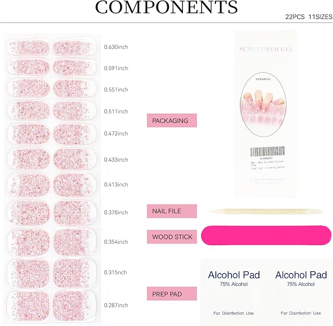 Semi Cured Gel Nail Strips Pink Glitter Nail Strips with UV/LED Required Long Lasting Gel Nail Stickers Includes 22 Strips 2 Prep Pads, Nail File & Wooden Stick