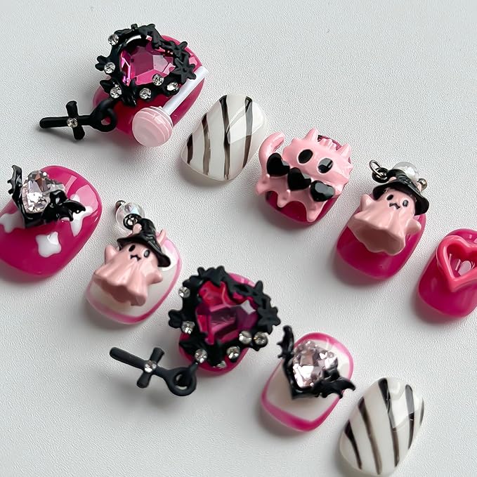 Halloween Press on Nails Short Square Cute Handmade Nails 3D Unique Reusable ABS Material Fake Nails Pink False Nails with Designs Cute Ghost Heart Charms Glossy Glue on Nail Thick Acrylic Nail(M)