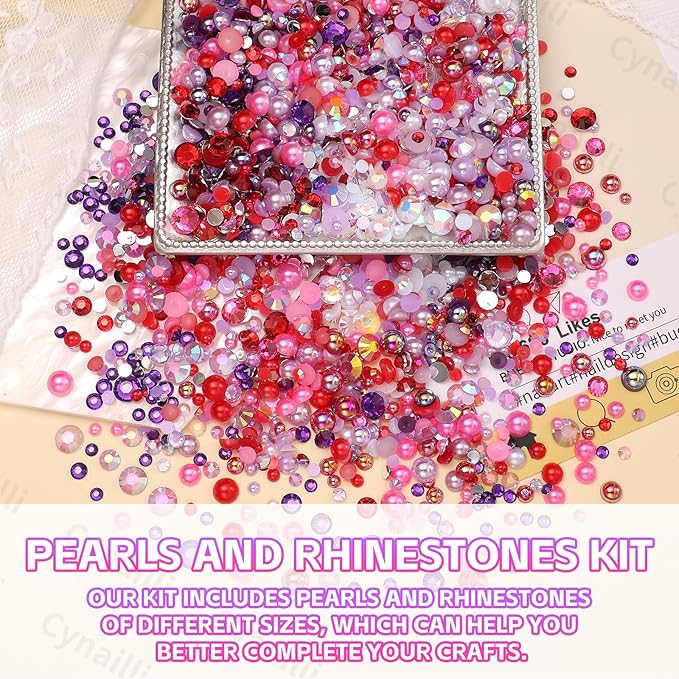 15 Grids Pearls and Resin Rhinestones for Crafting, Purple Red White Bedazzling Gems Kit, Jelly Resin Rhinestones for Nails Face Eyes Makeup Crafts Tumblers Bottles