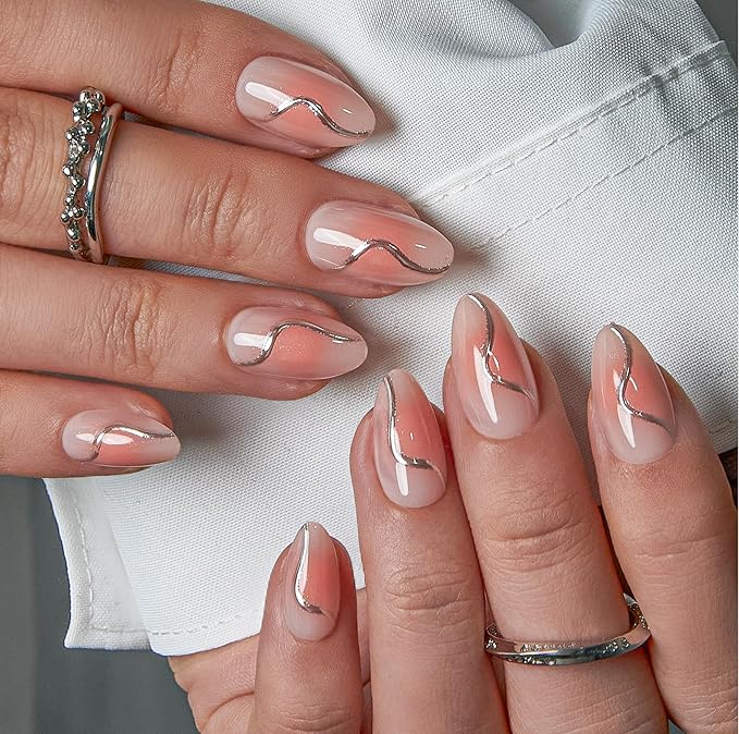 CurvLife Soft Gel Alomond Press On Nails, Long-Lasting Reusable Fake Nails Kit with Glue & Tabs, 30pcs Salon-Quality Stick On Nails for Women At-Home Manicure (Nude Wave)