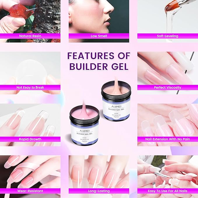 AIJIMEI 150g Builder Hard Gel Nail Set Pink Nude Colors Nail Extension Gel for Nails for Carving Patterns Decoration Home Manicure DIY for Women (Pink & Nude)