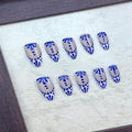 100% Handmade Press on Nails Medium Almond Handmade Nails with Flower Design Glossy Blue False Nails Chinese Style Floral Nail Press ons Reusable Acrylic Fake Nails for Women Girls Size L 10Pcs