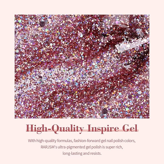 RARJSM Glitter Gel Nail Polish Chunky Rose Pink Shimmer Iridescent Gel Polish 15ml Holographic Rainbow Effect Soak off L e d U V Curing Required High Pigments for Home Salon Manicure Nail Art