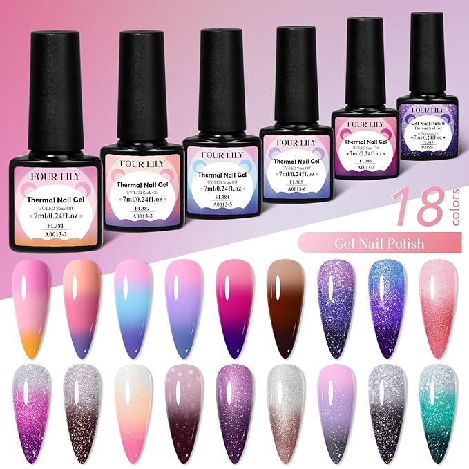 Color Changing Gel Nail Polish Set, 18 Temperature Mood Changing Colors Red Pink Purple, Soak Off UV Light Cure Gel Polish for Salon and Nail Art DIY at Home
