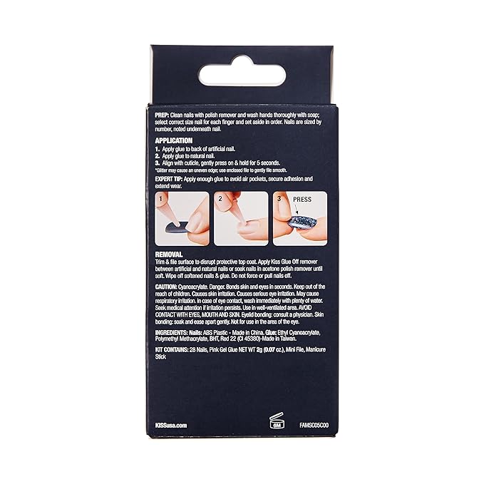 KISS Gel Fantasy Allure Press On Nails, Ready to Wear, 3D Design, Waterproof, Pink Gel Nail Glue 0.07 Oz. (2g), Manicure Stick & Mini File, 28 Count