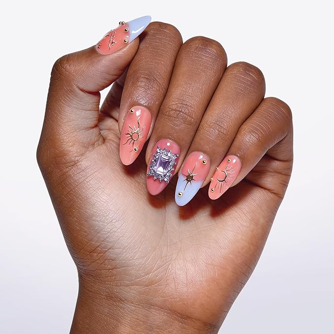 24Pcs Handmade Press on Nails, 3D Coral Pink Fake Nails with Medium Length Almond, Cute Blue French Tips Manicure Kit with Gold Lines for Women