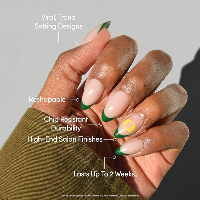Glamnetic x Fanatics Press On Nails - Oregon Ducks | Short Almond Fake Nails, Collegiate Oregon Green French Tips, College Nails, Salon-Quality | 15 Sizes - 30 Nail Kit with Glue