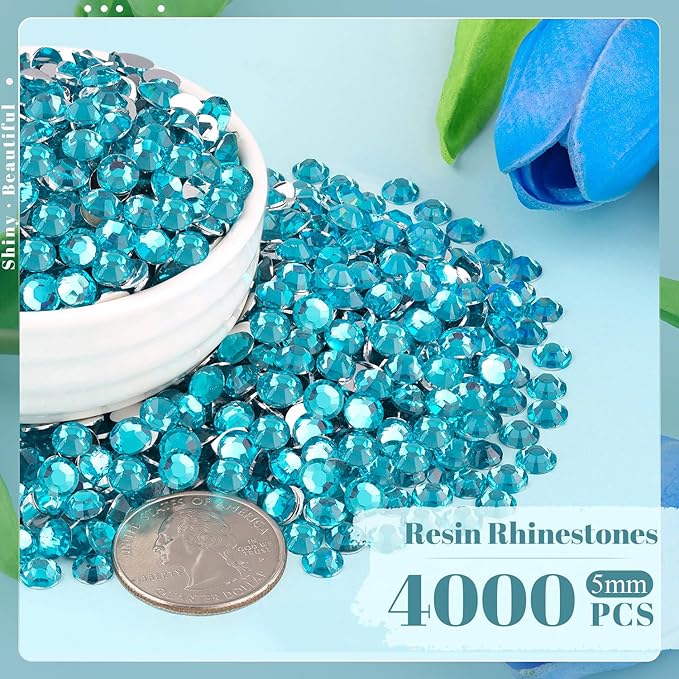 4000PCS 5mm Resin Rhinestones Bulk for Crafting (Indicolite), Flatback Bedazzling Crystals for Crafts DIY Nail Decoration, Gems Charms for Tumbler Shoes Clothing Fabric with Pickup Pen and Tweezers