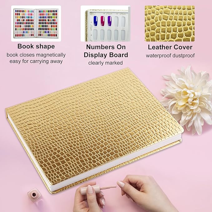216 Nail Color Book,Nail Color Display Book with 240 Nail Tips & 1-300 Number Labels,Professional Nail Color Swatches Book for Gel Polish Nails Art Design(Gold)