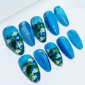 Sun&Beam Nails Handmade Medium Long Almond Blue False Nail Tips with Cute 3D Flower Popular Charm Design Press On Nails 10 Pcs (#027 L)