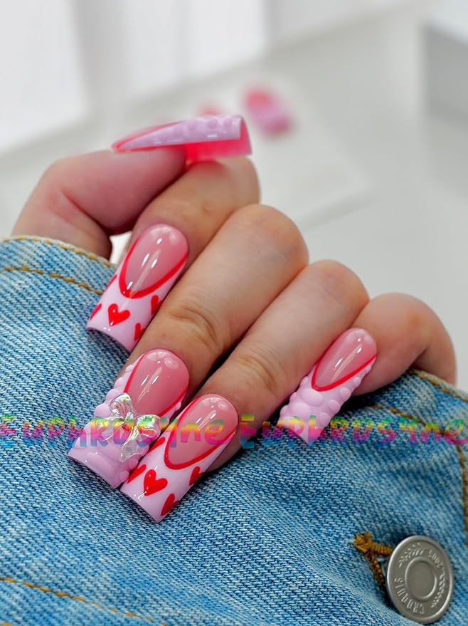 Euphrosyne Valentine Press On Nails – 10pcs Long Coffin Fake Nails in Pink with Red Heart Prints, Glitter Bows & Crystal Charms | Romantic Kawaii Stick-On Nails for Girls
