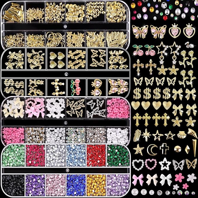 Nail Charms,Nail Rhinestones Kit with 4 Boxes of Nail Gems,Colorful Clear Flatback Rhinestone,3D Charms for Nails 3D Nail Art Design Kit Nail Decorations for Women
