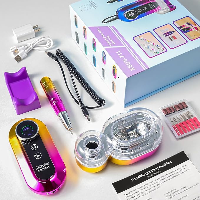 Professional Electric Nail Drill Kits 45000RPM Gradient Gold Portable Cordless 3-in-1 Nail File Machine with Rechargeable Stand and Nail Lamp for Acrylic Gel Polish Removing Home & Salon Use