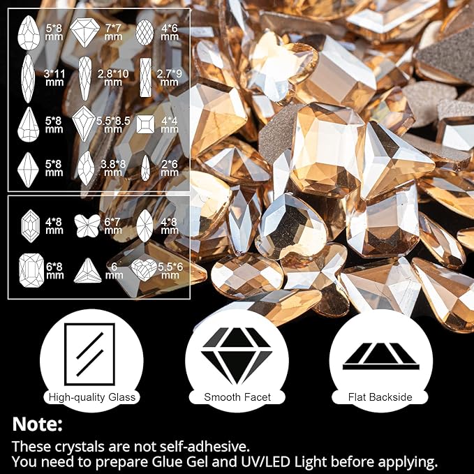 18 Styles Multi-Shaped Glass Gemstones for Nails and 6 Sizes Round Crystal Rhinestones Kit #5, Champagne Nail Art Charm Bead Manicure Decoration with Pickup Pencil and Tweezer