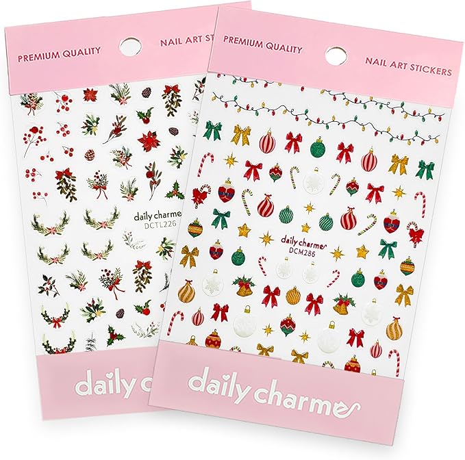 Daily Charme Christmas Festive Holiday Greenery and Bauble 3D Self-Adhesive Xmas Winter Holiday Nail Art Sticker Decorations Home DIY