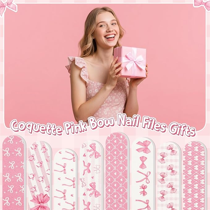 H1vojoxo Coquette Pink Bow Nail Files - 48pcs Coquette Pink Bow Double Sided Emery Boards for Girl’s Birthday Gifts Spa Party Emery Boards for Women Employee Coworkers Staff Wedding Party Nail Files