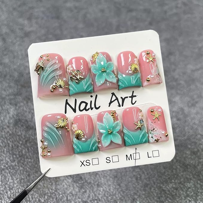 Luxury Handmade Press on Nails Medium Duck Fake Nails Blue French Tip False Nails with Ocean 3D Floral Art Ombre Design Acrylic Nails Handmade Stick on Nail for Women Manicure 10Pcs (Size M)