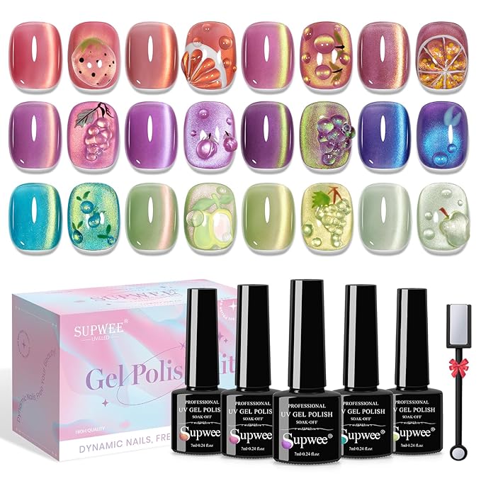 Cat Magnetic Eye Gel Nail Polish 12 Colors Shimmer Glitter Cat Eye Gel Polish Fruit Colors Cateye Manicure Gift Soak Off Lamp Salon DIY at Home(Purple Green Blue)