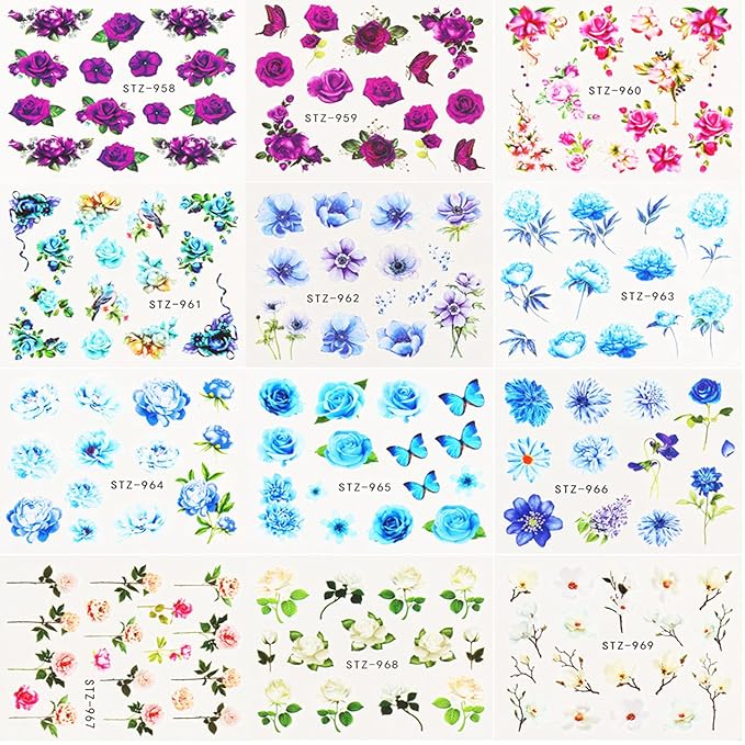 24 Sheets Flowers Nail Art Stickers Water Transfer Decals Floral Butterfly Rose Nail Art Design Nails Supplies for Women Girls Manicure Tips Decoration Holographic DIY Fingernail Charms Sticker