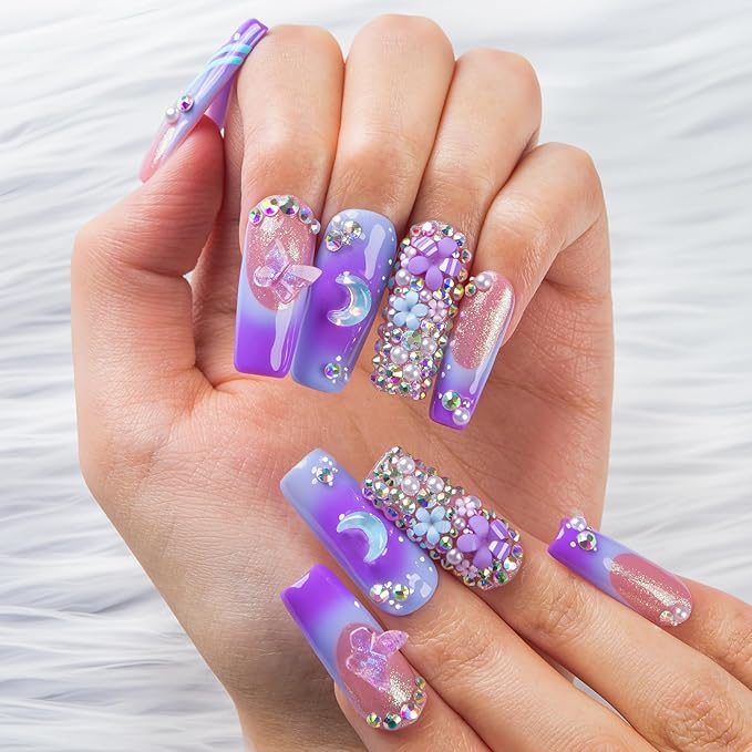 LOVFUL Short French Tip Press on Nails Lilac Stardust | Handmade Acrylic Press ons| Reusable Fake False Nails | Square Classic Regular 1.3in | H743-L