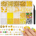 1200PCS Bee Flower Nail Charms Kit, 3D Daisy & Sunflower Resin Charms, Acrylic Bees, Half Pearls Rhinestones for Nail Art, DIY Crafts with Tweezers