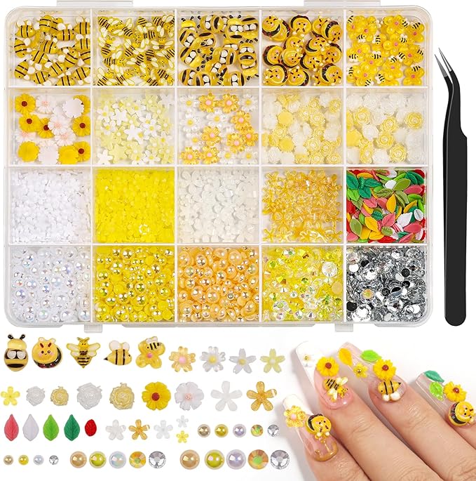 1200PCS Bee Flower Nail Charms Kit, 3D Daisy & Sunflower Resin Charms, Acrylic Bees, Half Pearls Rhinestones for Nail Art, DIY Crafts with Tweezers