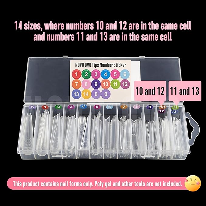NOVO OVO XXL XXXL Russian Almond/Coffin Nail Dual Forms for PolyGel Extension, NOT NAIL TIPS, Suitable for Hard/Builder/Poly Gel, Reusable Soft Gel Full Cover Molds 70 Pcs x 14 sizes