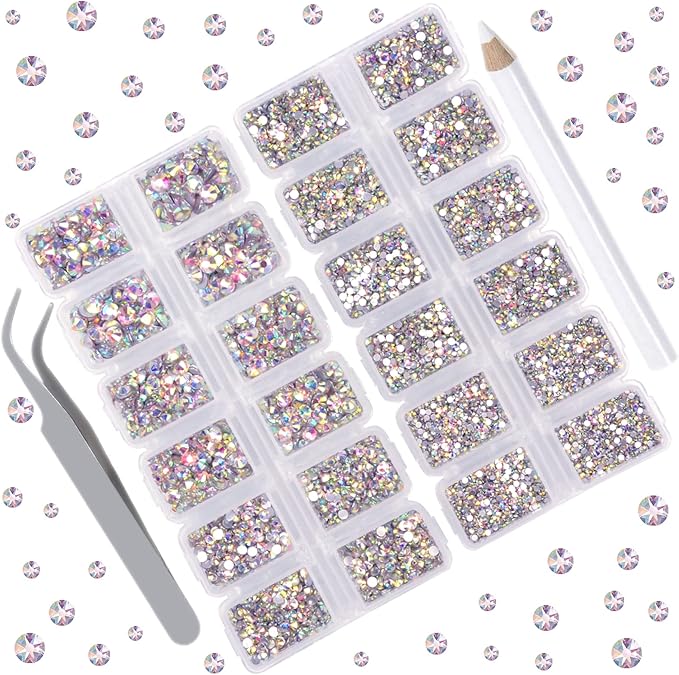10000 Pieces Rhinestones 6 Sizes Round Crystal Glass Flat Back Rhinestones with 1Tweezers and 1Picking Pen for Nail Art Crafts Clothes Bags DIY (Crystal AB)