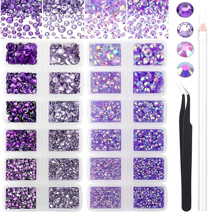 15000PCs 2-6MM Purple Series Resin Flat Back Rhinestones, Round Non Hotfix Jelly & Silver Bottom Resin Rhinestones Nail Gems Stones with Tweezer & Picker Pen for Nail Art Tumblers & DIY Crafts