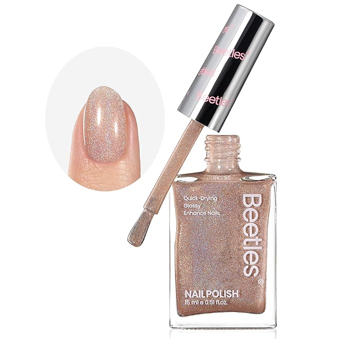 Beetles Nail Strengthener, 2 in 1 Nail Strengthener Polish Nail Growth Nail Ridge Filler Base Coat Nail Polish Nail Repair for Damaged Thin Nails Natural Nails Glitter Brown Nail Polish 15ML