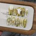 Baroque Press on Nails Long Coffin 3D Embossed Pearl Cross Charm Luxury False Nails for Women Gold Glam Royal Cathedral Style Glue on Nails for Parties Holiday Events(L)